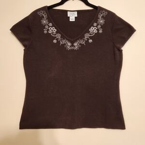 Ann Taylor LOFT Embroidered Floral Short Sleeve Shirt